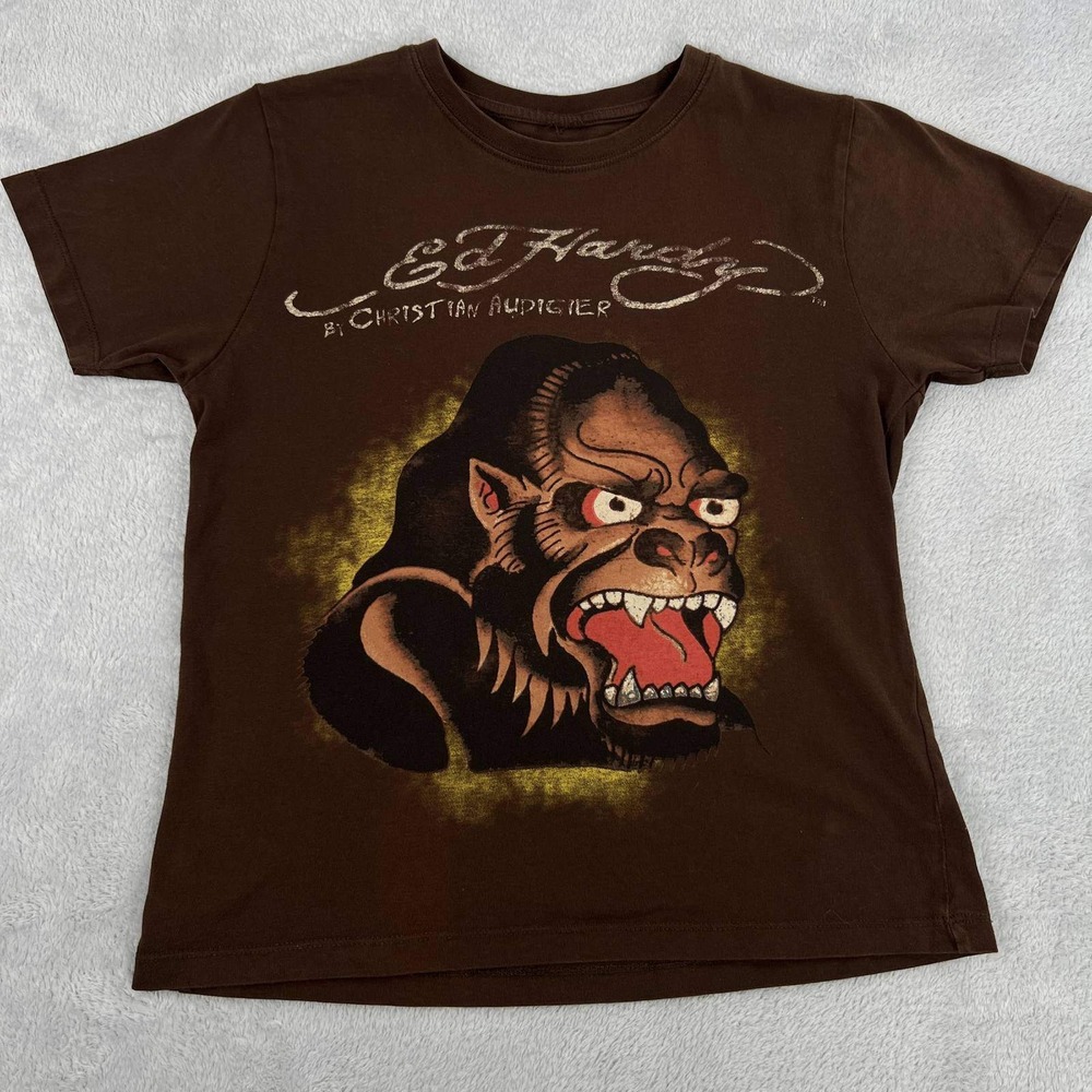 Ed Hardy Christian Audigier Gorilla T-Shirt XS Brown Womens Y2K Tattoo Graphic